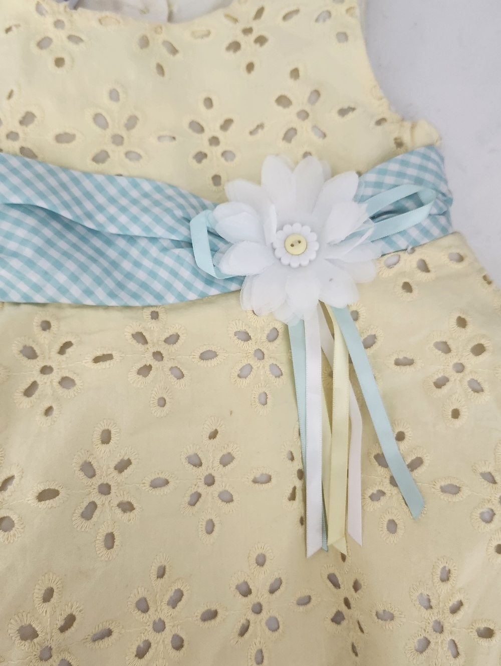 Blueberi Boulevard Pale Yellow Eyelet Dress with Aqua Gingham Sash Baby Girl 18M - Picture 3 of 5